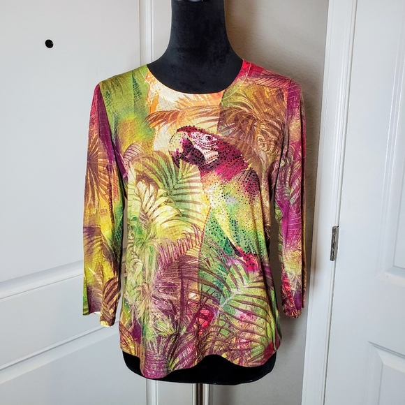CHICO'S Tropical Paradise Parrot Rhinestone Sparkle 3/4 Sleeve Blouse Size 0 EUC - Picture 1 of 16
